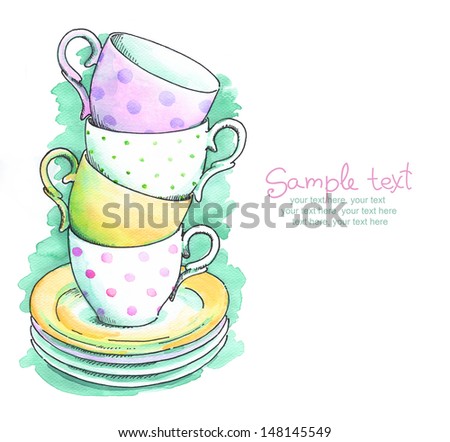 card with painted watercolor tea cups