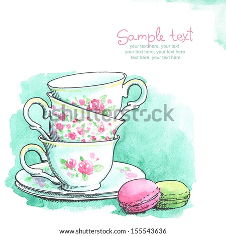 card with painted watercolor french dessert macaroons and tea cups