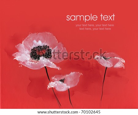 Painted watercolor white poppies on red background