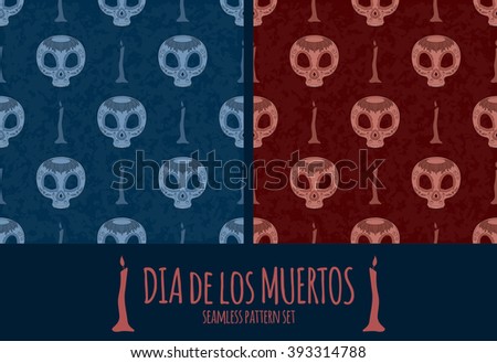 set of Dia de Muertos cartoon Skull Ornate Day of The Dead seamless pattern