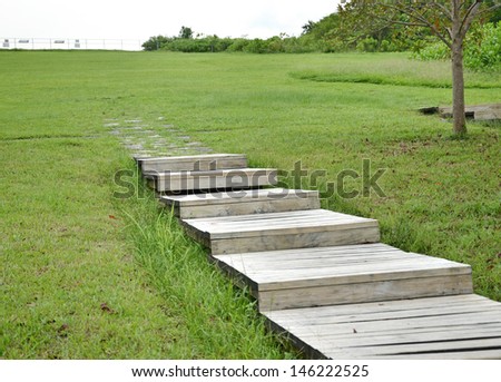 wood stair way on green garden