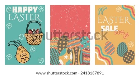 Colorful Doodle set Happy Easter Banners with text. Vector hand drawn illustration done in white, yellow, blue, red colors with faded paper effect and scuffs: bunnies, basket of easter eggs. Sale 50%