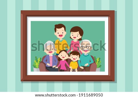 Family photo on wall in wooden frame.Collection of photos of family members in frames. framed wall pictures or photographs with smiling people.Grandmother and grandfather in photo frame with parent