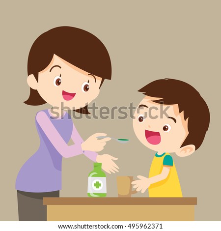 Little boy drinking syrup medicine liquid mother hand feed.cute  boy eat drug cartoon vector.