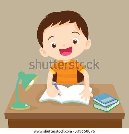 Cute boy writing and thinking be happy. Vector illustration of a little boy writing at his desk.Caucasian student boy at his desk writing for homework.
