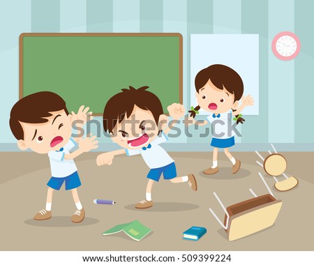 angry boy hitting him friend.Little angry boy shouting and hitting.Quarreling kids in classroom.