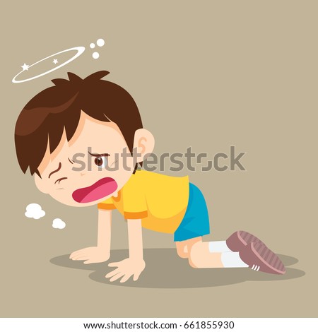 Boy crawling have Dizziness on the floor with stars spinning around his head.