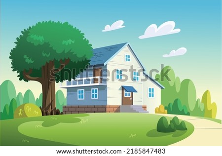 The front view of the house has mountains and trees in the morning.