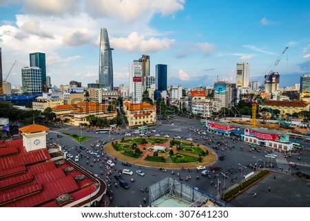 HO CHI MINH, VIETNAM - AUGUST 12, 2015. Downtown Saigon and Quach Thi Trang park in sunset, Ho Chi Minh city, Vietnam. Ho Chi Minh city (aka Saigon) is the biggest city in Vietnam.
