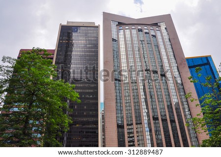 Business towers, cityscape of skyscrapers under sky in Hong Kong, China, Asia.