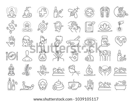 Vector graphic set. Editable outline stroke. 40x40 pixels. Icons in flat, contour, thin and linear design. Alternative medicine. Simple isolated concept Web site illustration. Sign, symbol, element.