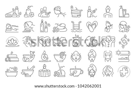 Vector graphic set. 40x40 pixels. Editable stroke size. Icons in flat, contour, outline, thin and linear design. Spa treatments. Simple isolated icons. Concept illustration. Sign, symbol, element.