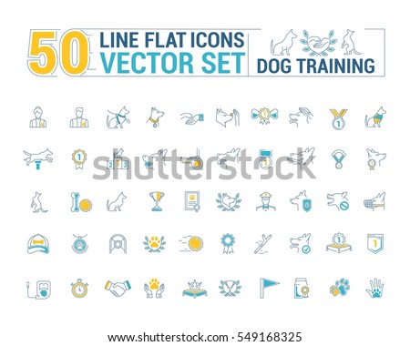 Vector graphic set. Icons in flat, contour, thin and linear design.Process of dog training. Simple icon on white background.Concept illustration for Web site, app. Sign, symbol, emblem.