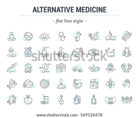 Vector graphic set.Icons in flat, contour,thin and linear design.Alternative medicine. Natural beauty.Simple isolated icon on white background.Concept illustration for Web site app.Sign,symbol,emblem.