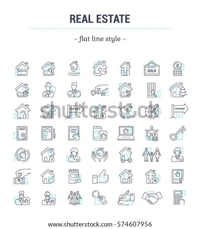 Vector graphic set.Icons in flat, contour,thin, minimal and linear design.Real estate.Simple isolated icons.Concept illustration for Web site app.