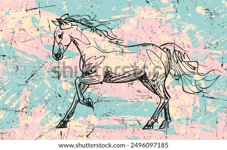 Horse in nature on the author's abstract background. Unique vector illustrations of wild mustangs. Authentic execution of drawings. Hand sketches. Original vintage grunge background. 