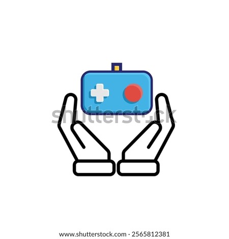 game icon. joystick in hand, controller, console. for rental logo, web icon, play station, mixed design style. Vector design