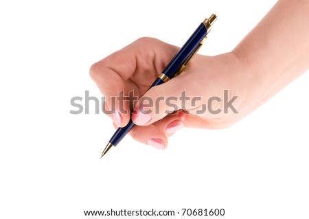 female hand with pen isolated on white background