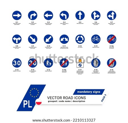 Polish road traffic signs mandatory - vector svg with the name and description of the sign. Round blue road signs. Polskie znaki drogowe nakazu. Prescriptive mandatory signs. Vector Format Pack 3