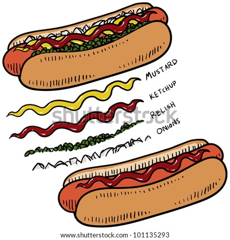 Doodle style hot dog with bun and condiments sketch in vector format