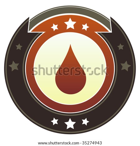 Oil or water drop icon on round red and brown imperial vector button with star accents suitable for use on website, in print and promotional materials, and for advertising.