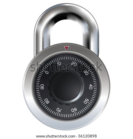 Combination lock typically found on a school locker, garage, and shed doors.  Dial operation is fully detailed. Security symbol.