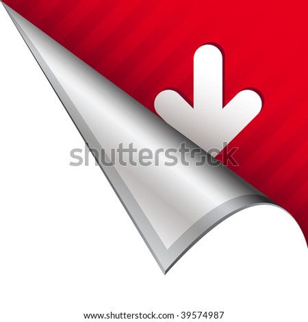 Down arrow icon on vector peeled corner tab suitable for use in print, on websites, or in advertising materials.