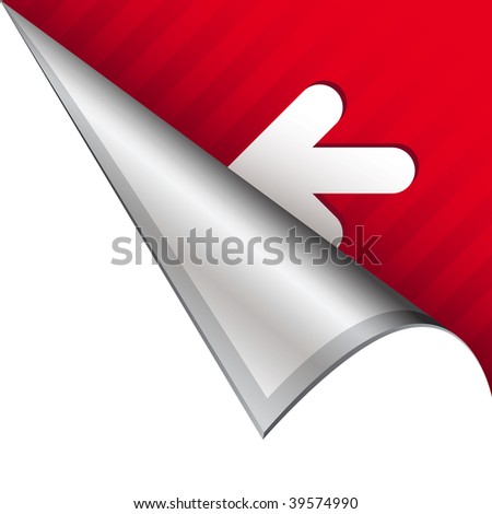 Left arrow icon on vector peeled corner tab suitable for use in print, on websites, or in advertising materials.