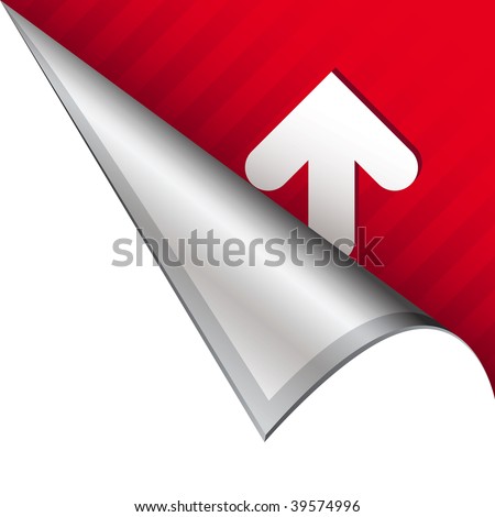 Up arrow icon on vector peeled corner tab suitable for use in print, on websites, or in advertising materials.