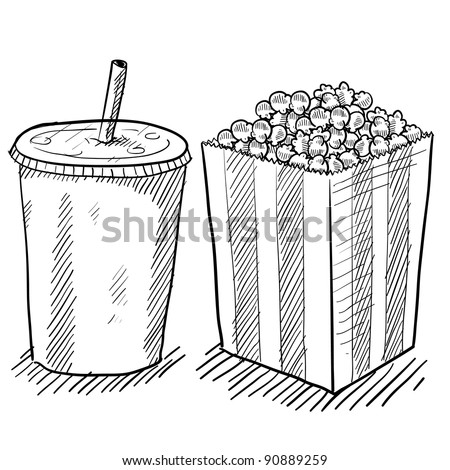 Doodle style movie concessions in vector format including popcorn and soda
