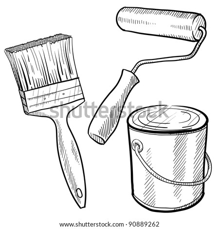 Doodle style painting equipment in vector format including paint can, roller, and brush