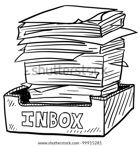 Doodle style inbox image with a huge pile of documents to be processed, indicating business, work, or stress