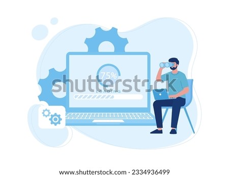 A man looks at the process of loading a laptop screen trending concept flat illustration