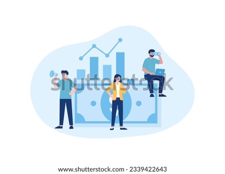 People with stock growth data and dollar bills trending concept flat illustration