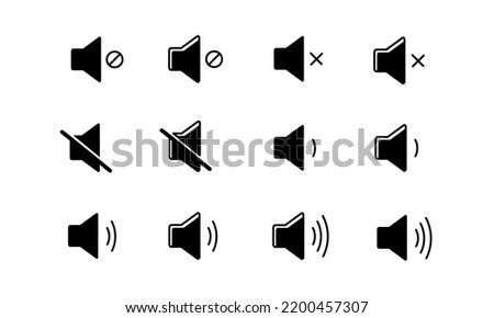 Sound volume icons set with different signal levels on white background. Аn icon that increases and reduces the sound. Sound icon, volume symbol, speaker sign, audio control icon set. Vector.