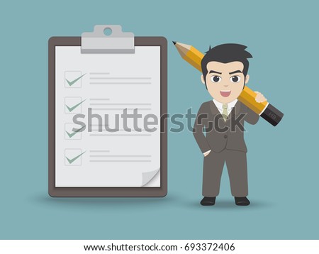 Cartoon businessman holding a pencil with checklist on clipboard.
