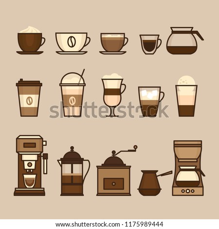 Coffee objects and equipment. Coffee cup and coffee brewing methods. Coffee makers and machines, kettle, french press, moka pot, cezve. Flat style, vector illustration. 