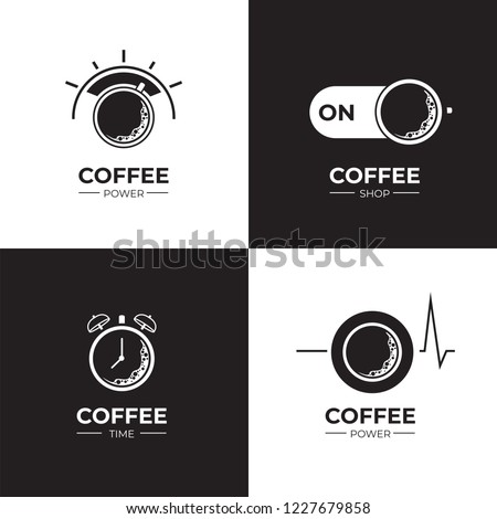 Coffee black and white logo set. Coffee and on off switch, heartbeat, coffee power, alarm clock. Flat style, vector illustration. 