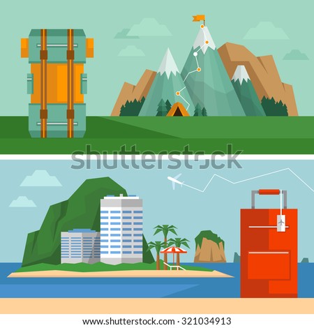 Travel concept. Tropical beach vacation and extreme vacation. Tropical island landscape and mountain landscape. Flat style, vector illustration.