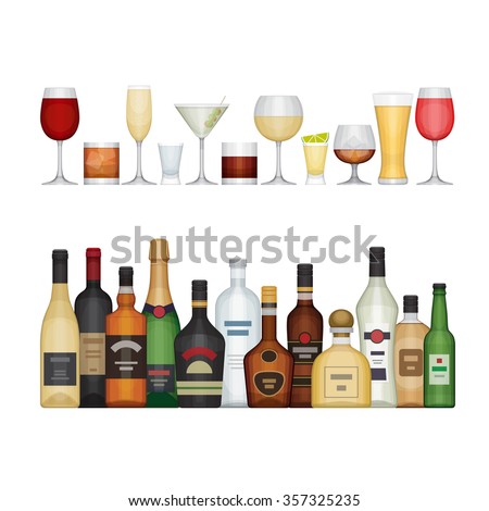 Set of different alcohol bottle and glasses. Alcohol drinks and beverages. Flat design style, vector illustration.