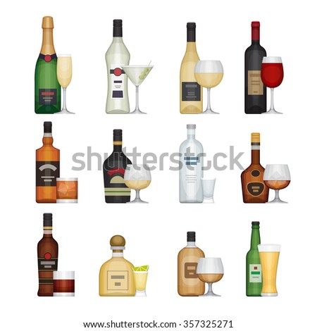 Set of alcohol bottle with glasses. Alcohol drinks and beverages. Flat design style, vector illustration.