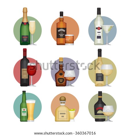 Flat icons set of popular various alcoholic beverages with glasses. Flat design style, vector illustration.