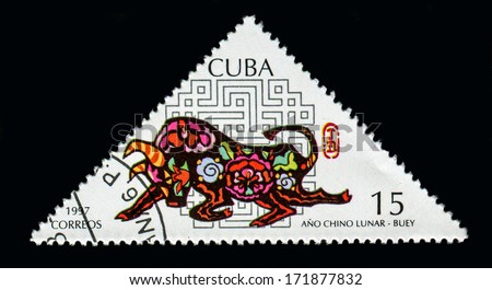 CUBA - CIRCA 1997: A stamp printed in Cuba shows ox commemoration of the Chinese Lunar Year, circa 1997