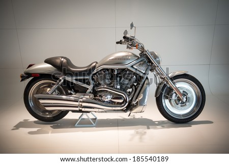 STUTTGART, GERMANY - CIRCA APRIL, 2014: Porsche Museum. Motorcycle Harley Davidson Revolution Engine (2002)