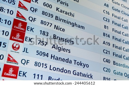 DUBAI, United Arab Emirates - DECEMBER 24, 2014: Airport Info Panel