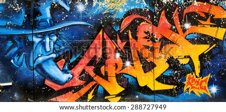 MOSCOW - JUNE 14, 2015: Graffiti on a urban wall. (Timiryazevskaya street, Moscow)