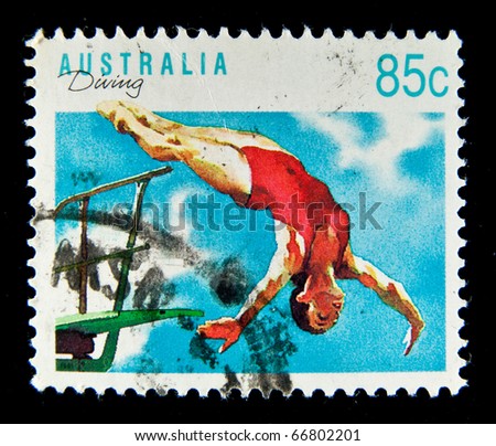 AUSTRALIA - CIRCA 1990: A stamp printed in Australia shows Diving, circa 1990