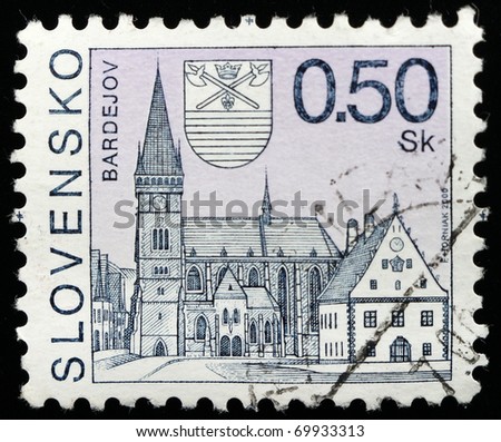 SLOVENIA - CIRCA 2000: A stamp printed in Botswana shows central city area in Bardejov, series, circa 2000