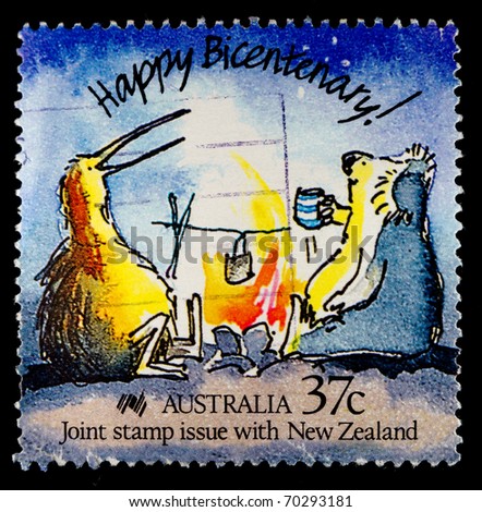 AUSTRALIA - CIRCA 1988: A stamp printed by Australia, shows Caricature of an Australian koala and New Zealand kiwi, circa 1988