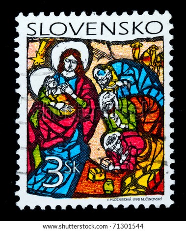 SLOVENIA - CIRCA 1998 : A greeting Christmas stamp printed in Slovenia shows birth of Jesus Christ, circa 1998